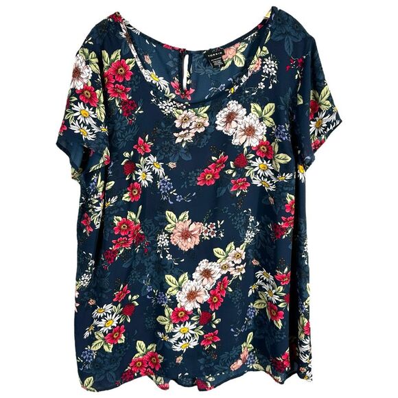 Torrid Plus Size 2X Top‎ Floral Print Georgette Pleated Back Blue Chiffon 1138 - Picture 1 of 11